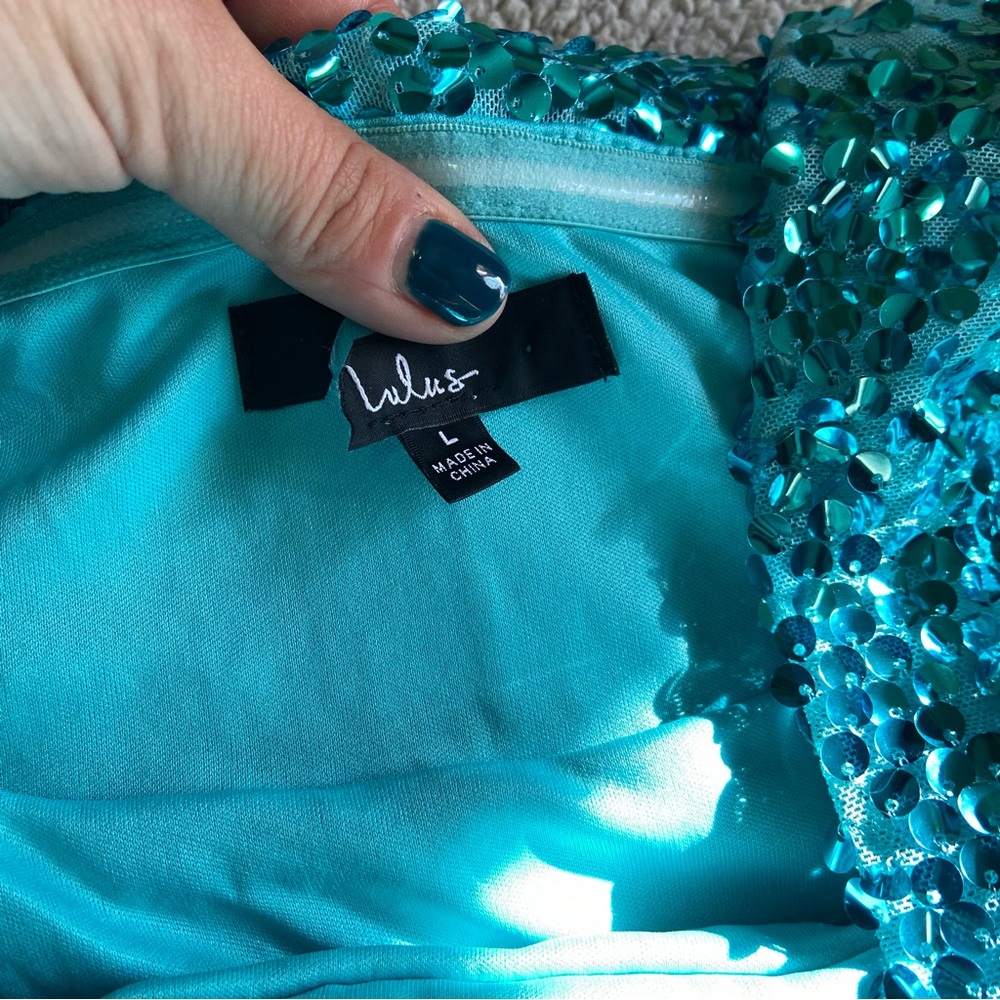 NWOT Lulus Glittering Nights Aqua Blue Sequin Off-the-Shoulder Mini Dress - Picture 8 of 9